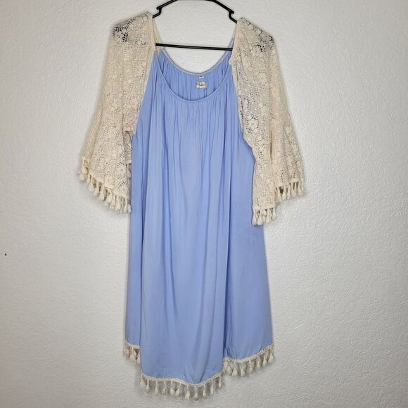 Southern Stitch Blue Crochet Lace Bell Sleeve Tassel Off the Shoulder Dress XXXL - Picture 2 of 8